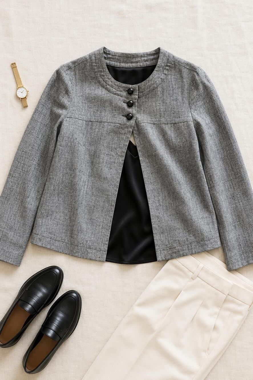 Style & Co Gray Cropped Jacket, Petite Size 6P, Collarless A-Line Blazer